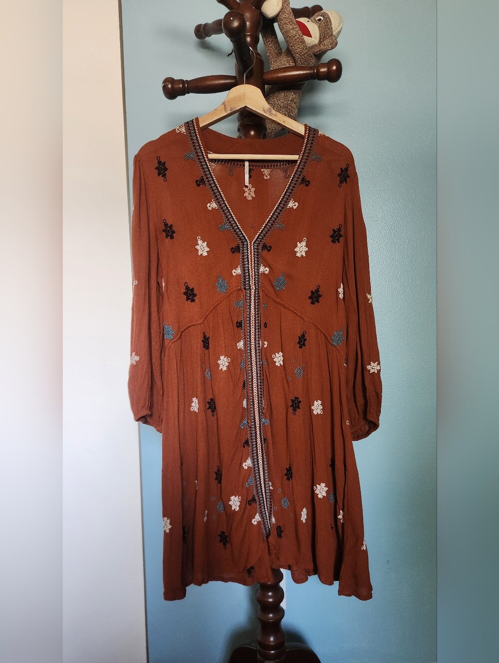 Free People Rust Embroidered Long-Sleeve V-Neck Dress